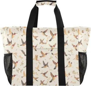 linqin Cute Birds Beige Large Utility Tote Bag Canvas Collapsable Groceries Reusable Bags with Compartments for Carrier