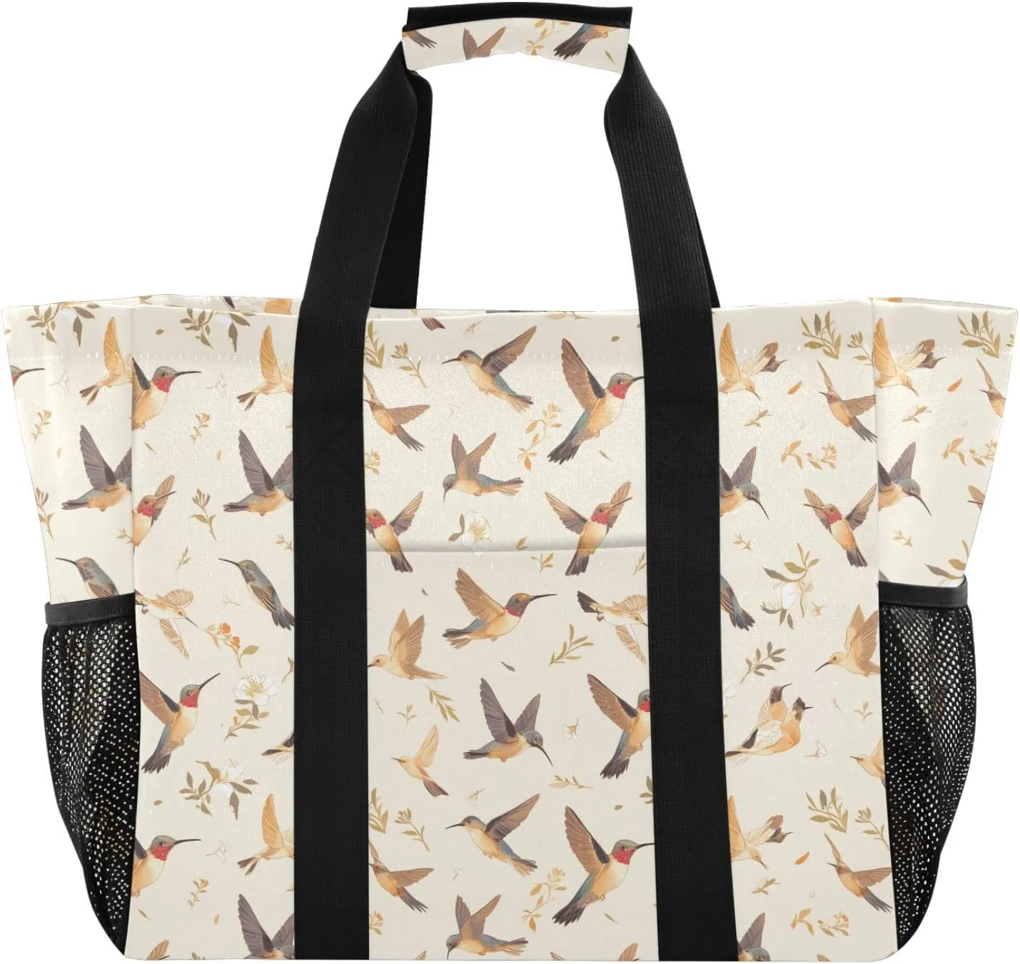 linqin Cute Birds Beige Large Utility Tote Bag Canvas Collapsable Groceries Reusable Bags with Compartments for Carrier