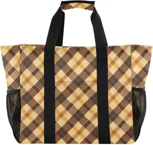 linqin Yellow Brown Buffalo Check Utility Storage Bags with Handles Collapsable Reusable Shopping Bags Sandproof for Beach
