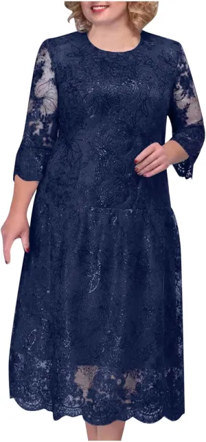 Lmdudan 2025 Plus Size Women Elegant Floral lace Midi Dress Lace Chiffon Wedding Guest Dresses Formal 3/4 Sleeve Dresses