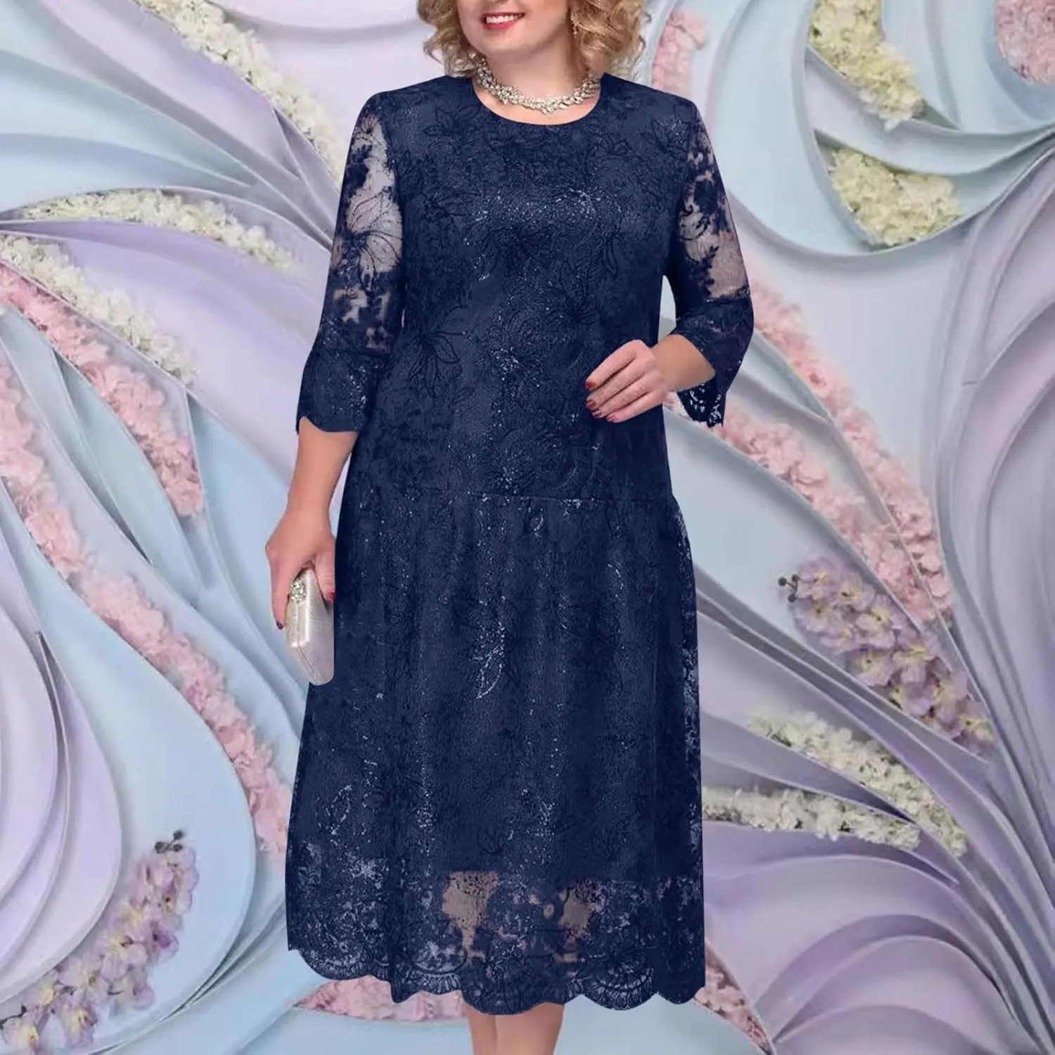 Lmdudan 2025 Plus Size Women Elegant Floral lace Midi Dress Lace Chiffon Wedding Guest Dresses Formal 3/4 Sleeve Dresses
