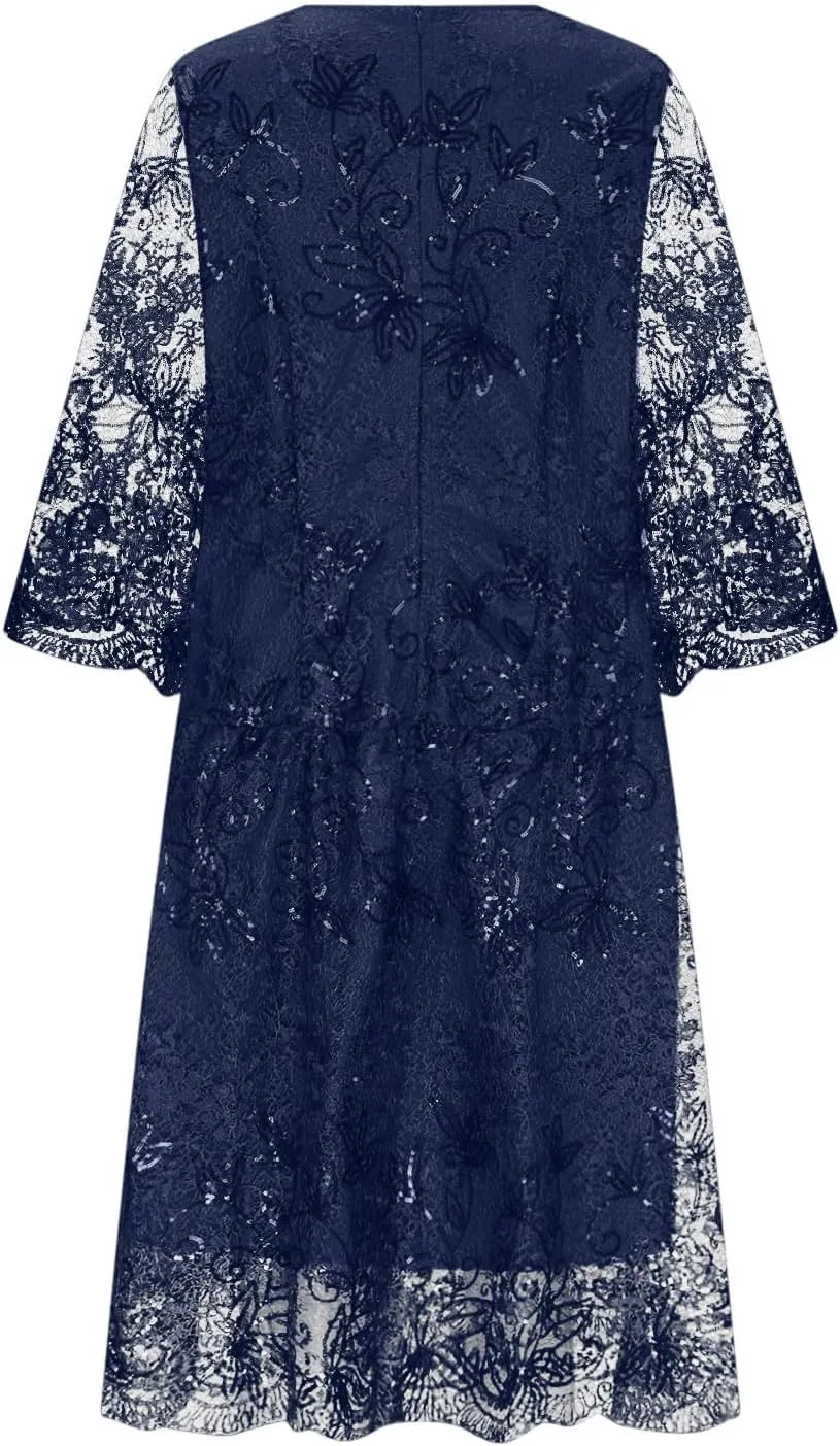 Lmdudan 2025 Plus Size Women Elegant Floral lace Midi Dress Lace Chiffon Wedding Guest Dresses Formal 3/4 Sleeve Dresses