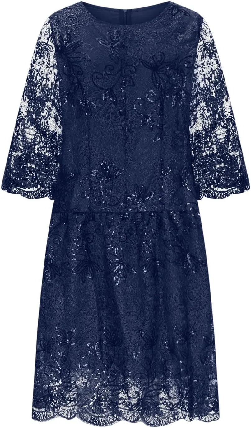 Lmdudan 2025 Plus Size Women Elegant Floral lace Midi Dress Lace Chiffon Wedding Guest Dresses Formal 3/4 Sleeve Dresses