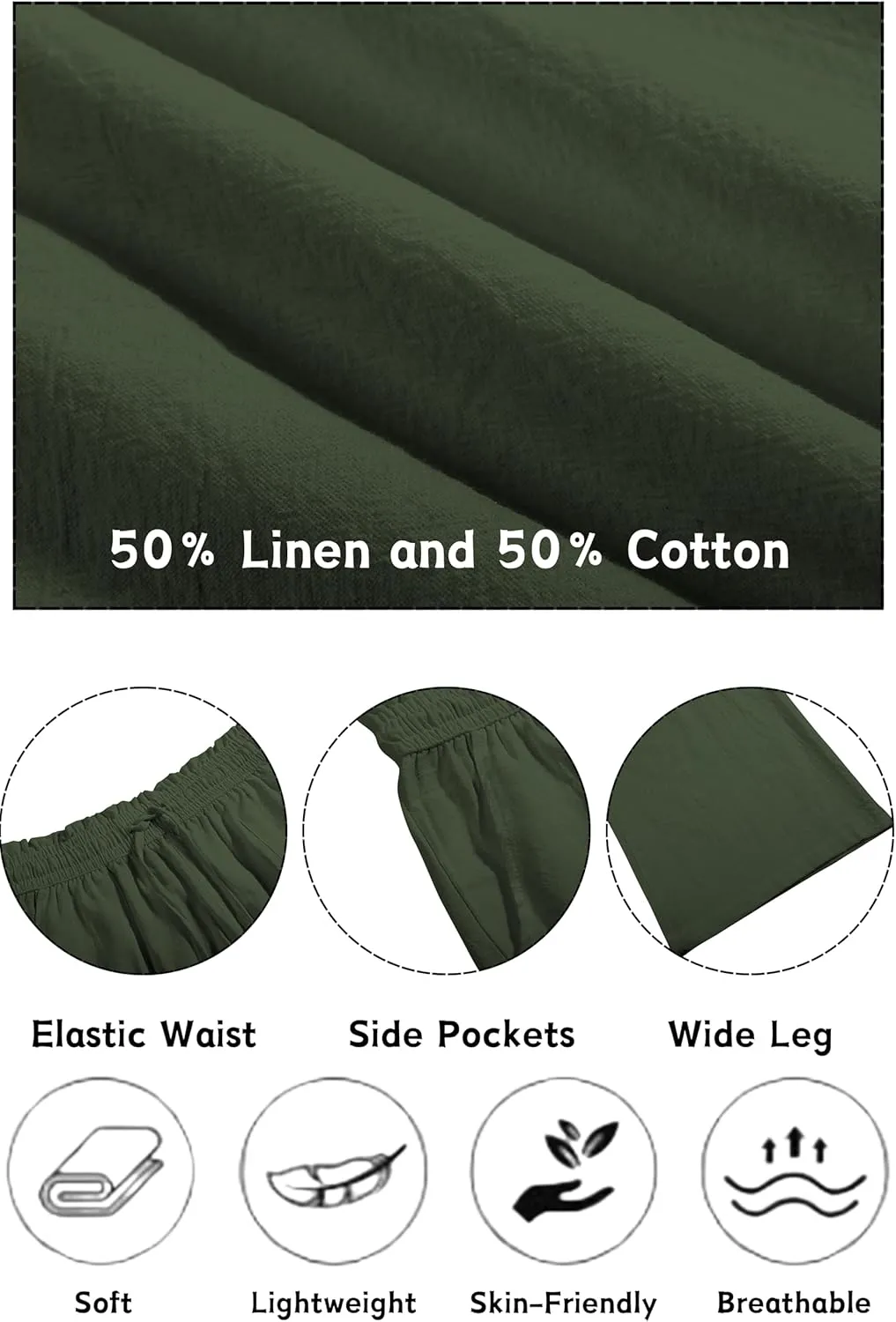 LNX Womens Linen Pants High Waisted Wide Leg Drawstring Casual Loose Trousers with Pockets