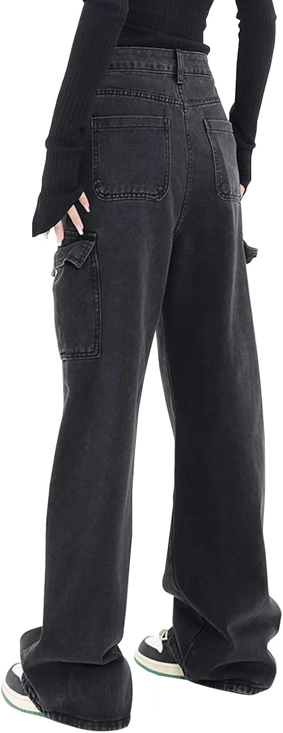 LONGYIDA Women's High Waisted Cargo Jeans Straight Wide Leg Stretch Baggy Jean Y2K Casual Loose Denim Cargo Pants Trousers