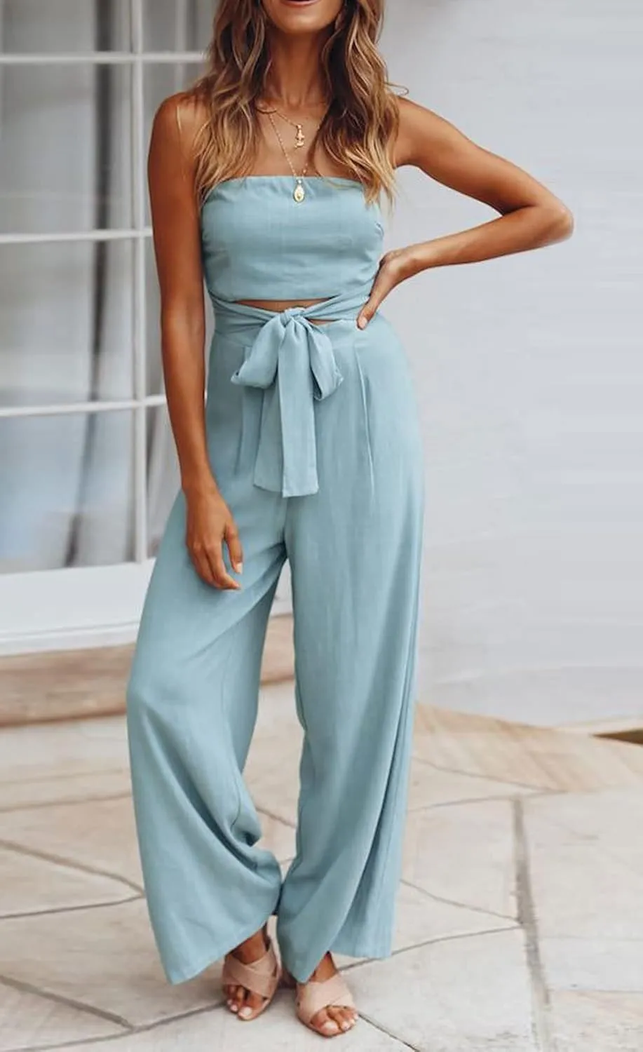 loveimgs Women's Strapless Bandeau Tube Wide Leg Jumpsuit One Piece Cutout Tie Knot Romper Outfit