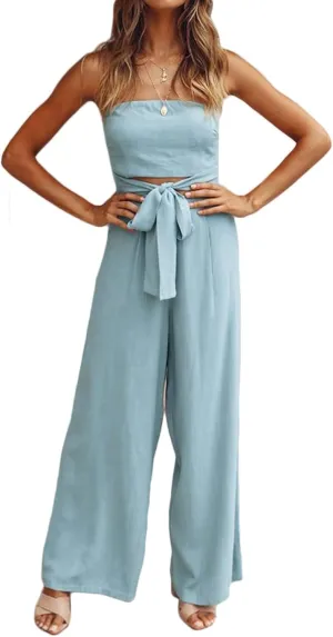 loveimgs Women's Strapless Bandeau Tube Wide Leg Jumpsuit One Piece Cutout Tie Knot Romper Outfit