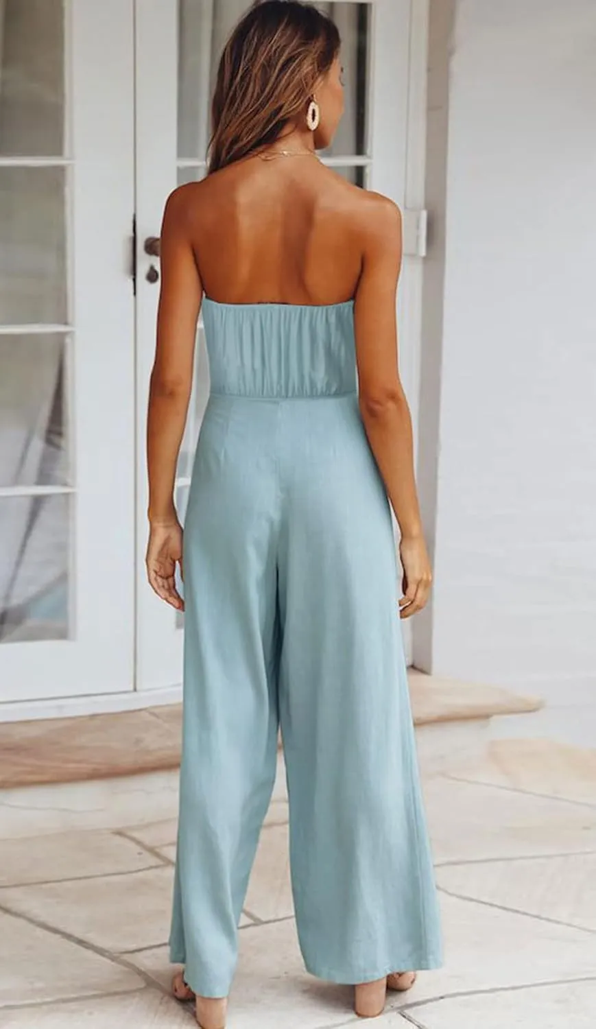 loveimgs Women's Strapless Bandeau Tube Wide Leg Jumpsuit One Piece Cutout Tie Knot Romper Outfit