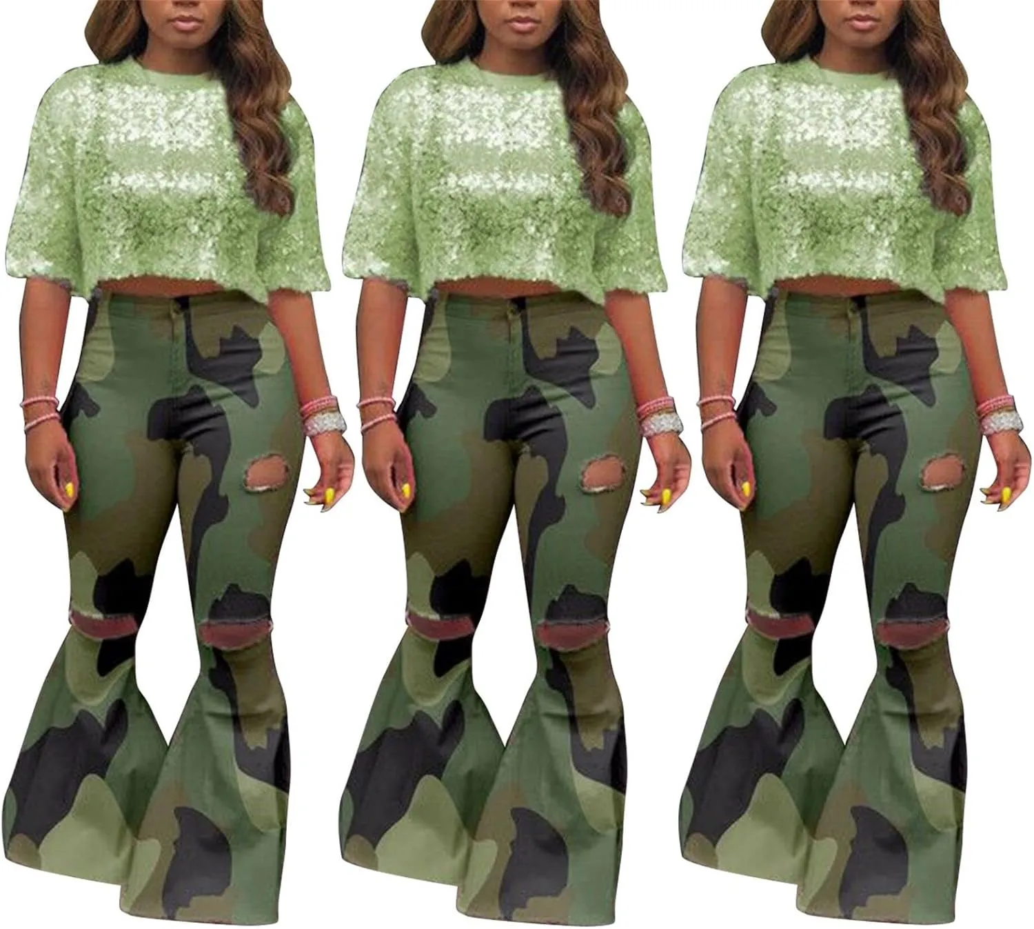 Lucuna Women's Camo Pants Flare Jeans High Waisted Y2K Camouflage Army Fatigue Ripped Bell Bottom Denim Pants