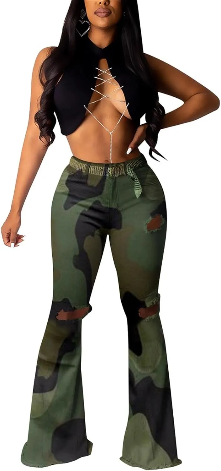 Lucuna Women's Camo Pants Flare Jeans High Waisted Y2K Camouflage Army Fatigue Ripped Bell Bottom Denim Pants