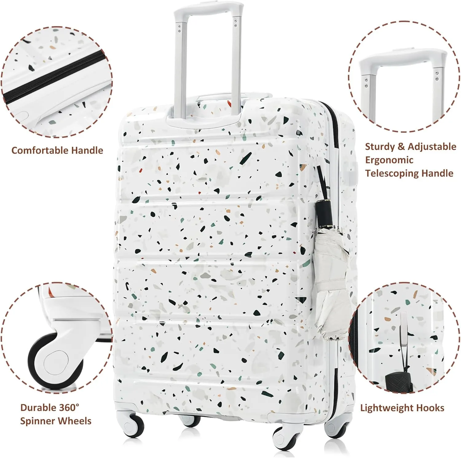 Luggage Set of 3 (20/24/28-inch) with USB Port, Airline Approved Carry-on Luggage, ABS PC Hard Shell Suitcase with Spinner Wheels, TSA Lock for Outdoor Travel, Business Trips & Vacations (White)