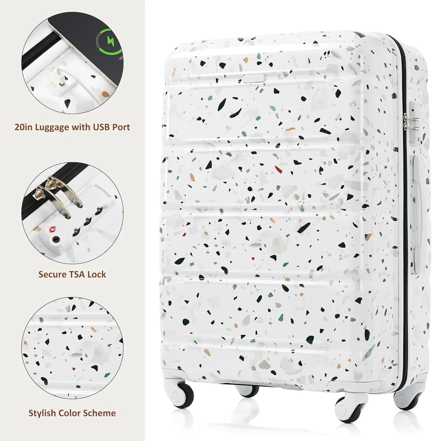 Luggage Set of 3 (20/24/28-inch) with USB Port, Airline Approved Carry-on Luggage, ABS PC Hard Shell Suitcase with Spinner Wheels, TSA Lock for Outdoor Travel, Business Trips & Vacations (White)