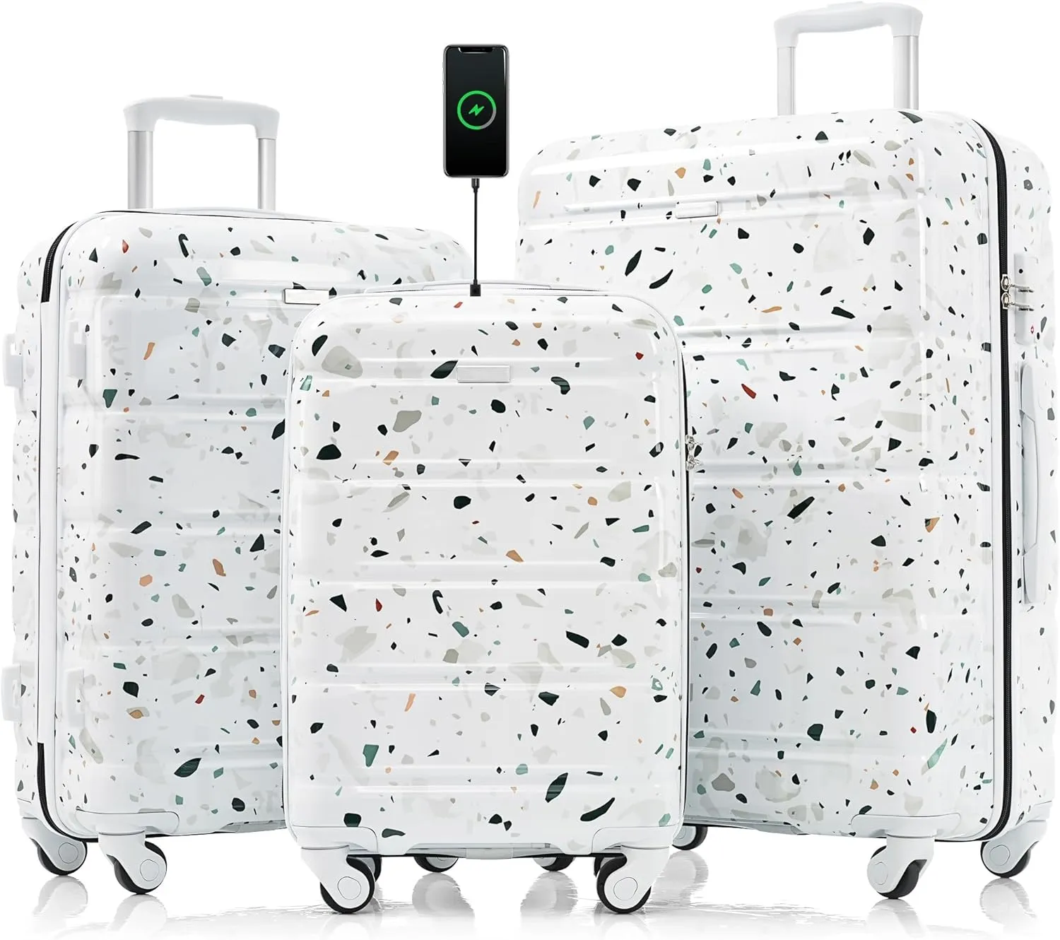 Luggage Set of 3 (20/24/28-inch) with USB Port, Airline Approved Carry-on Luggage, ABS PC Hard Shell Suitcase with Spinner Wheels, TSA Lock for Outdoor Travel, Business Trips & Vacations (White)