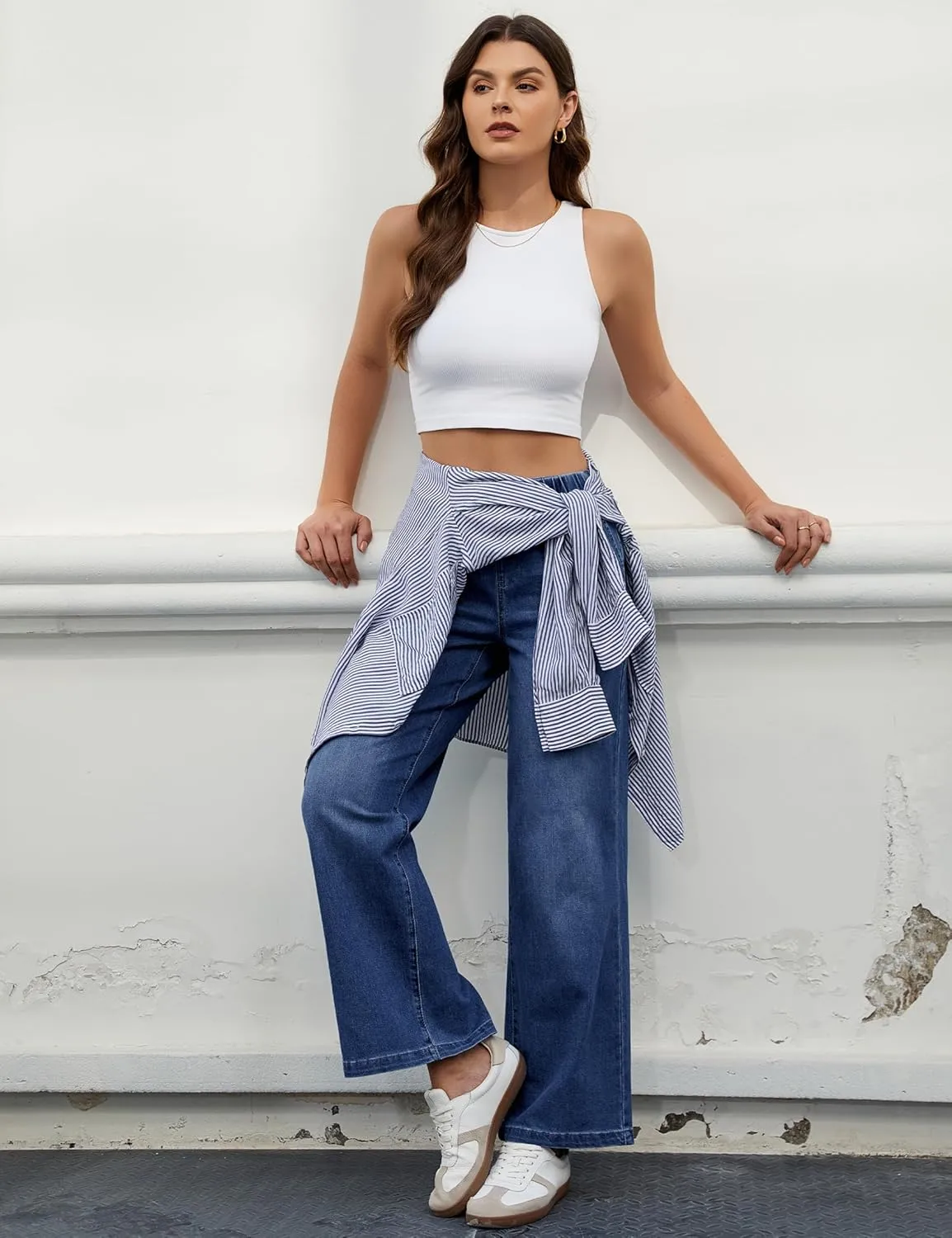 luvamia Wide Leg Jeans Woman High Waisted Trendy Pull On Elastic Waist Drawstring Stretchy Denim Jean Pants with Pockets