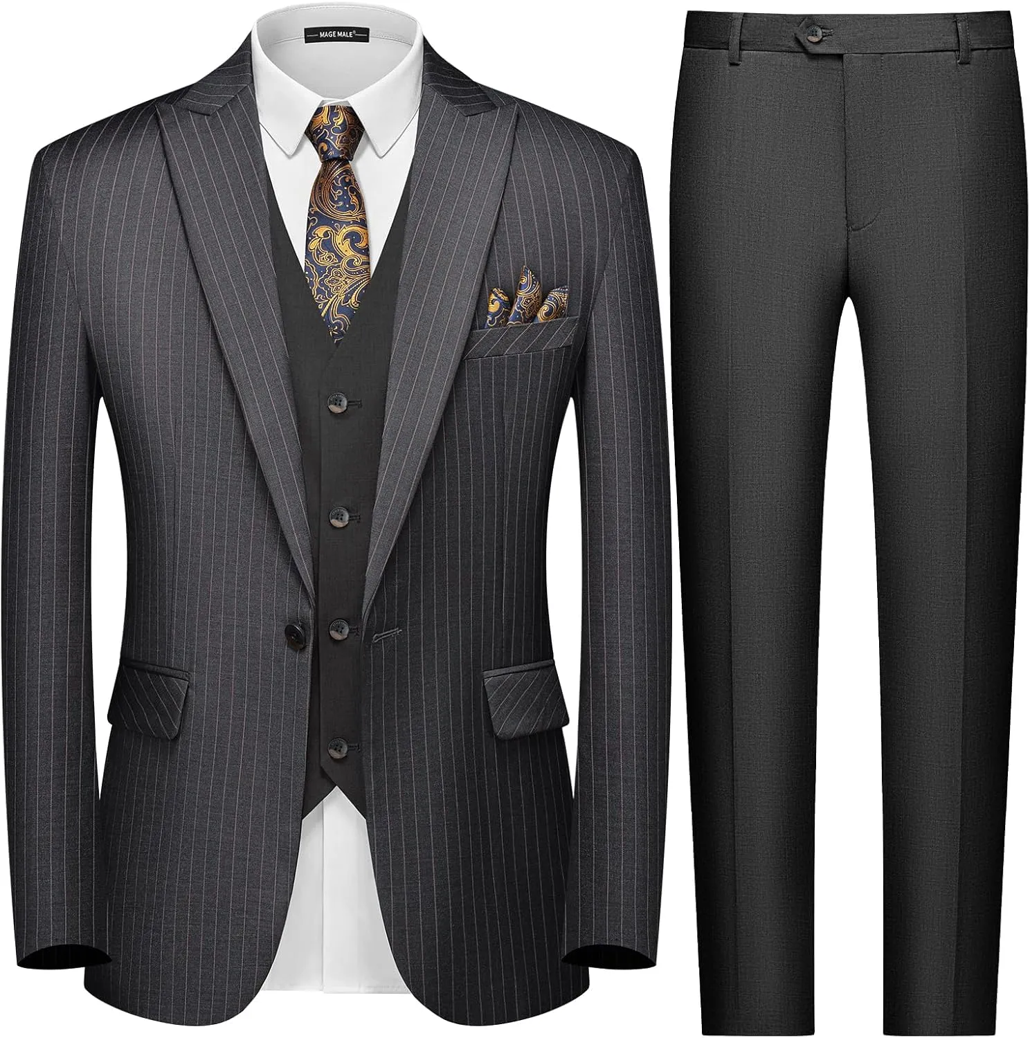 MAGE MALE Mens Pinstripe 3 Piece Suit Slim Fit Single Breasted Tuxedo Business Wedding Party Blazer Vest Pants Set