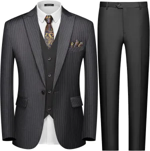 MAGE MALE Mens Pinstripe 3 Piece Suit Slim Fit Single Breasted Tuxedo Business Wedding Party Blazer Vest Pants Set