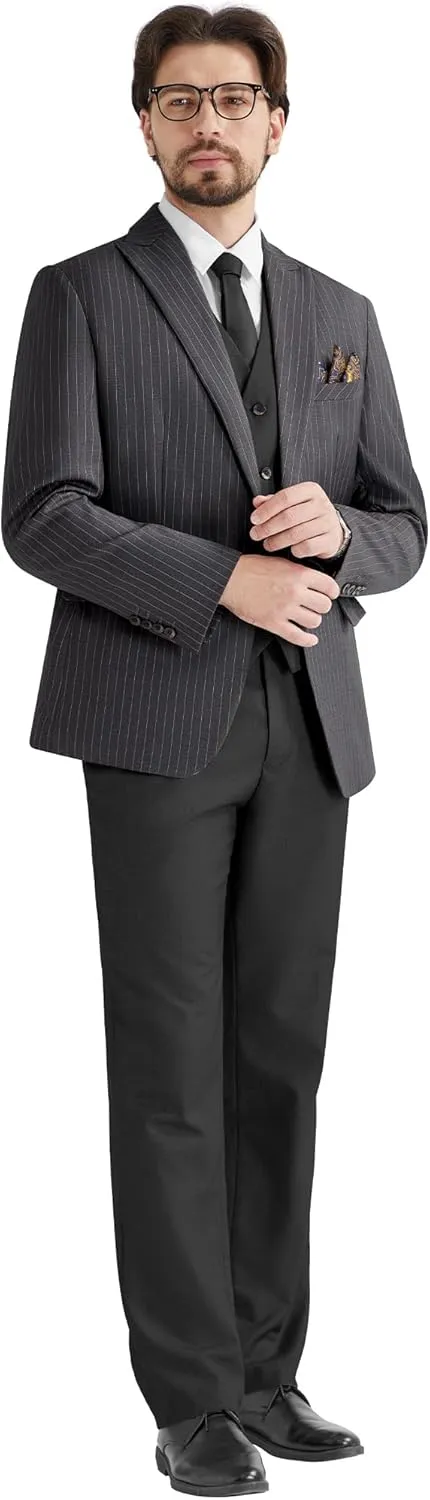 MAGE MALE Mens Pinstripe 3 Piece Suit Slim Fit Single Breasted Tuxedo Business Wedding Party Blazer Vest Pants Set
