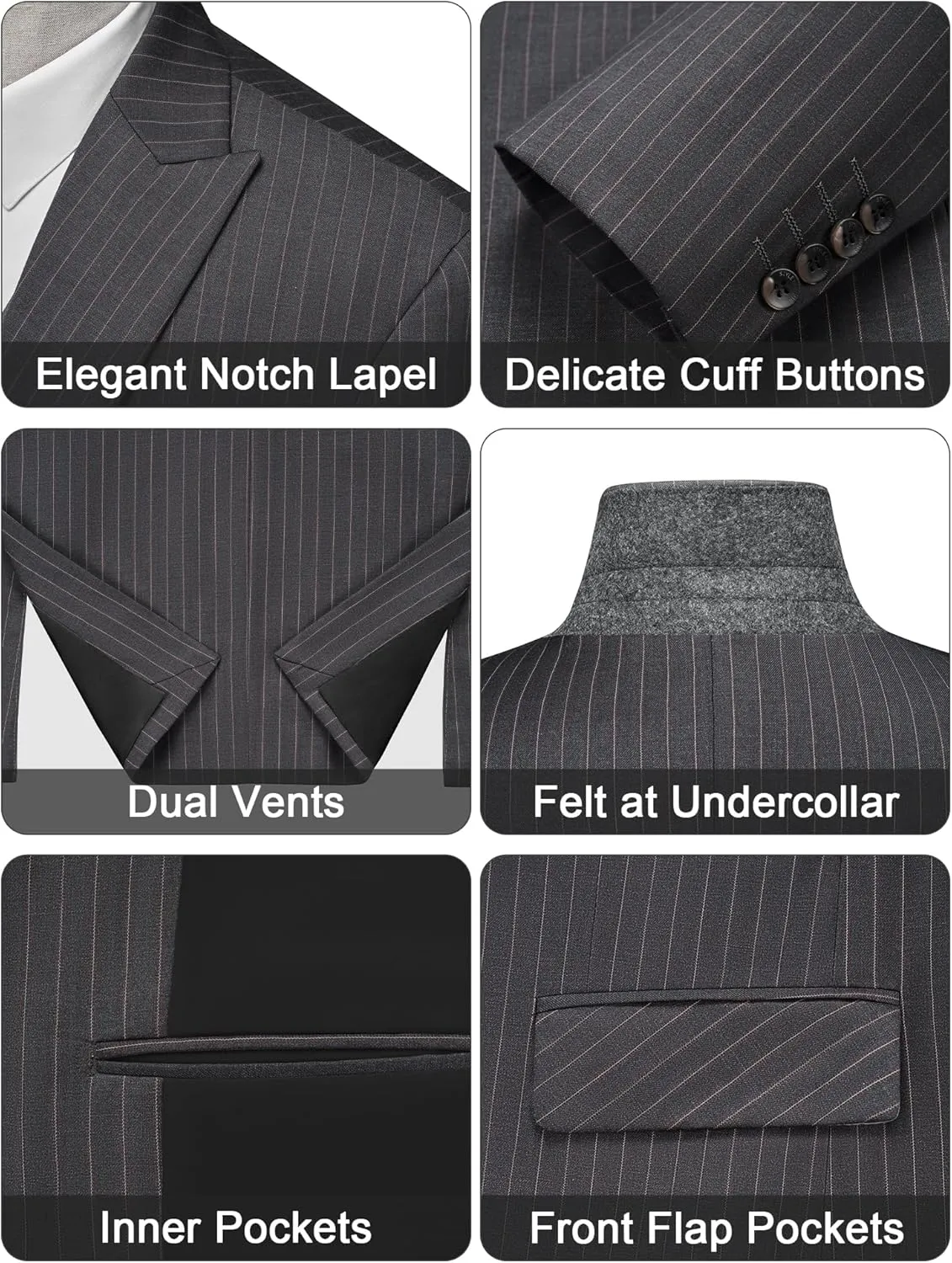 MAGE MALE Mens Pinstripe 3 Piece Suit Slim Fit Single Breasted Tuxedo Business Wedding Party Blazer Vest Pants Set