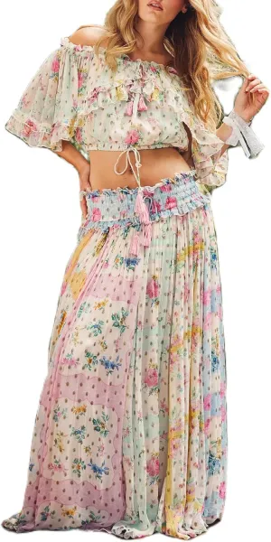 Meiweileya Women Y2k Boho Floral Two Piece Maxi Skirt Set Summer Off Shoulder Crop Tops Ruffle Flowy Going Out Long Skirts