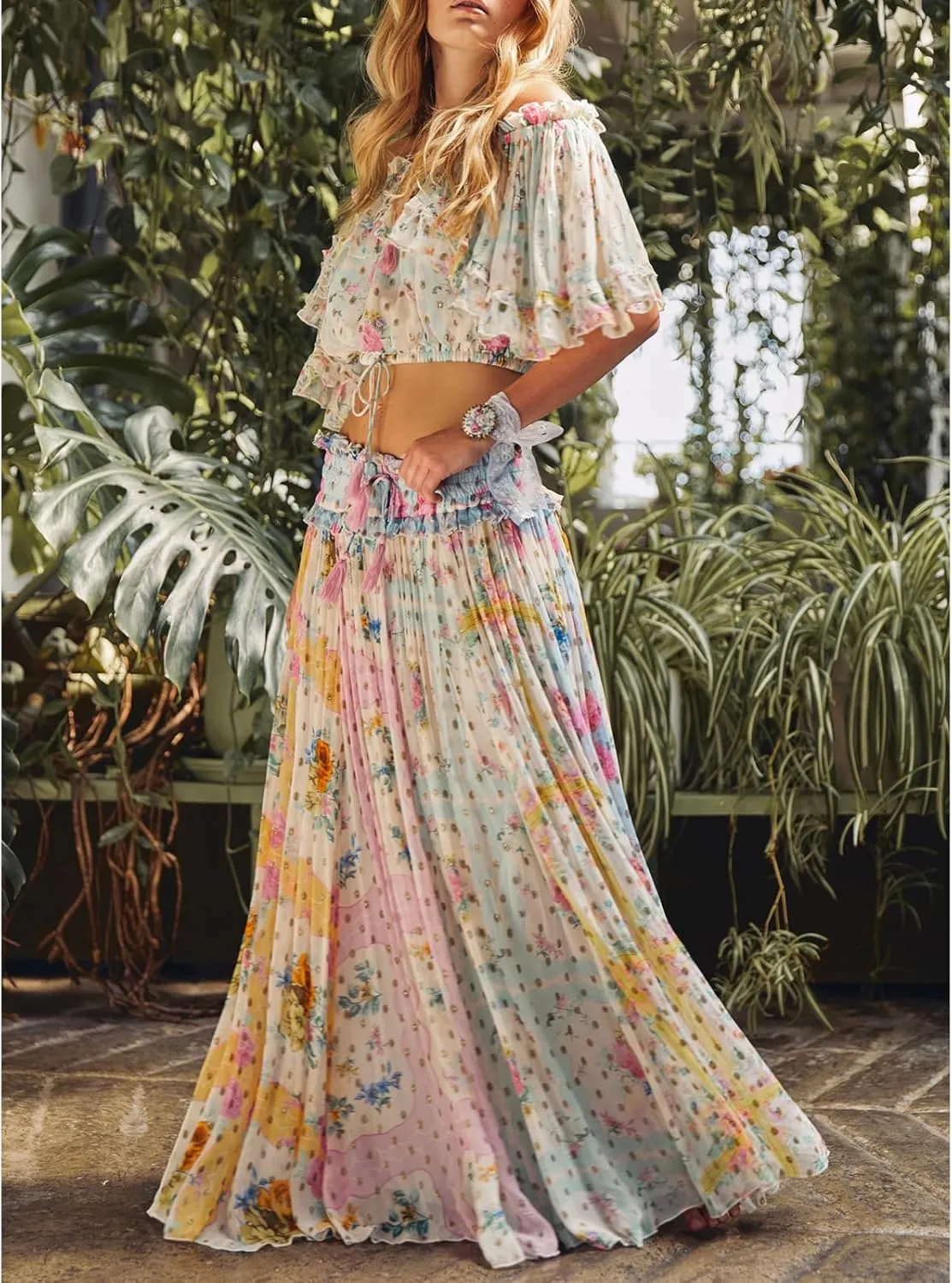 Meiweileya Women Y2k Boho Floral Two Piece Maxi Skirt Set Summer Off Shoulder Crop Tops Ruffle Flowy Going Out Long Skirts