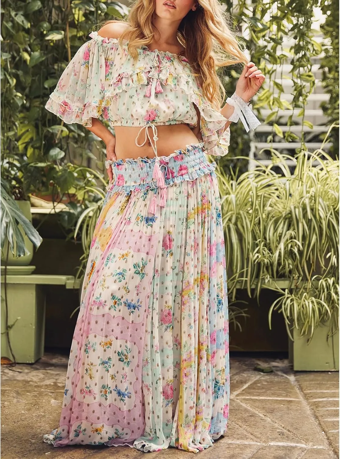 Meiweileya Women Y2k Boho Floral Two Piece Maxi Skirt Set Summer Off Shoulder Crop Tops Ruffle Flowy Going Out Long Skirts