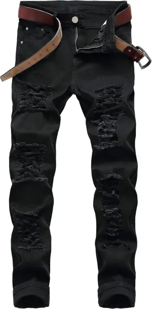 Men Ripped Jeans, Slim Fit Straight Leg, Denim Pants with Holes