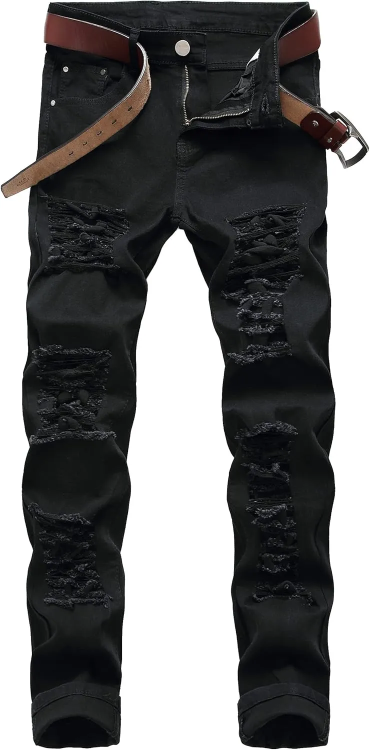 Men Ripped Jeans, Slim Fit Straight Leg, Denim Pants with Holes