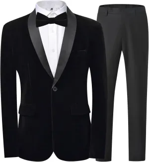 Men's 2 Piece Tuxedo Suits Set Slim Fit Velvet Suit Party Dinner Blazer & Pants for Prom Wedding
