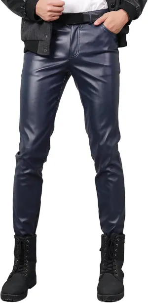 Men`s Business Slim Fit Five Pockets Faux Leather Pants Jeans