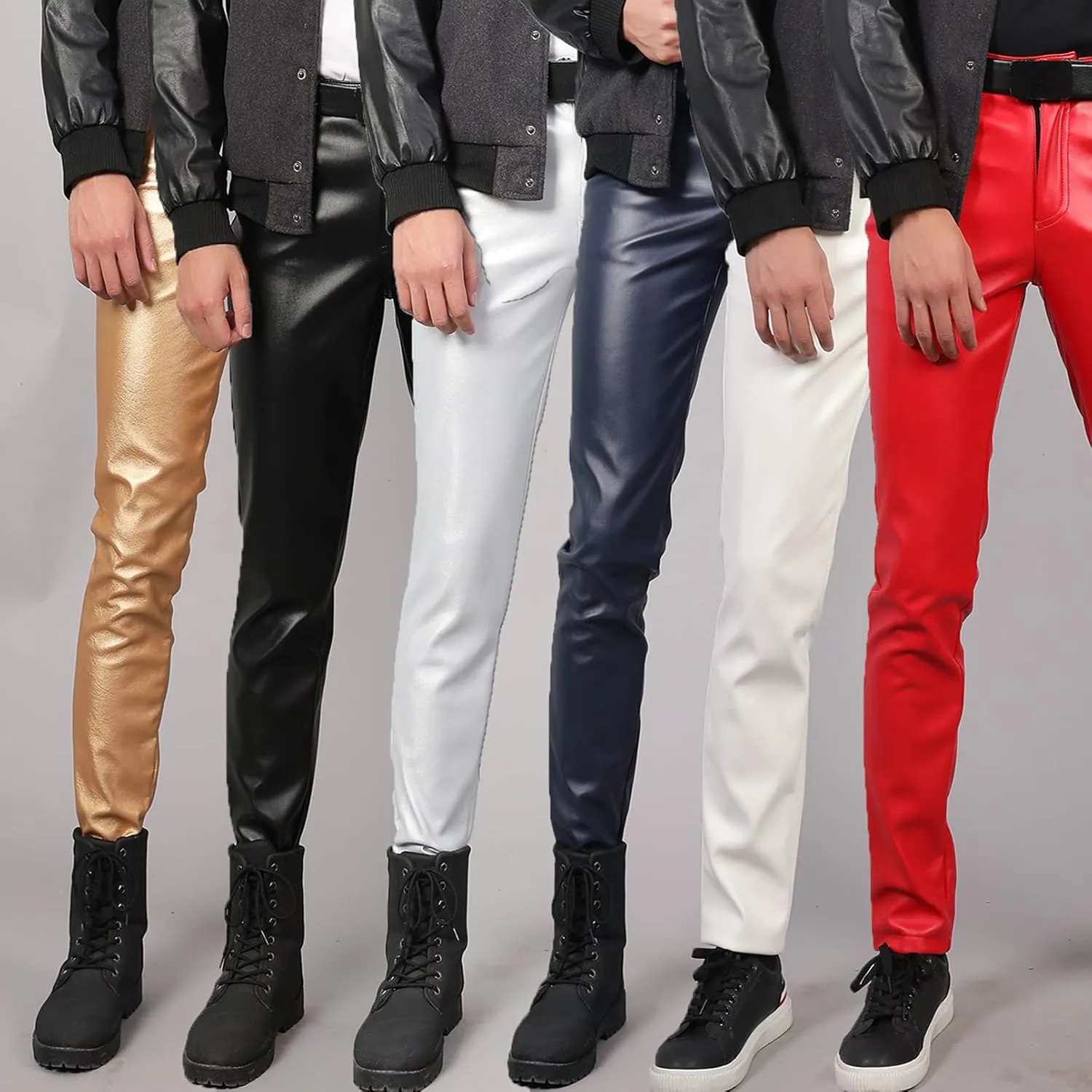 Men`s Business Slim Fit Five Pockets Faux Leather Pants Jeans