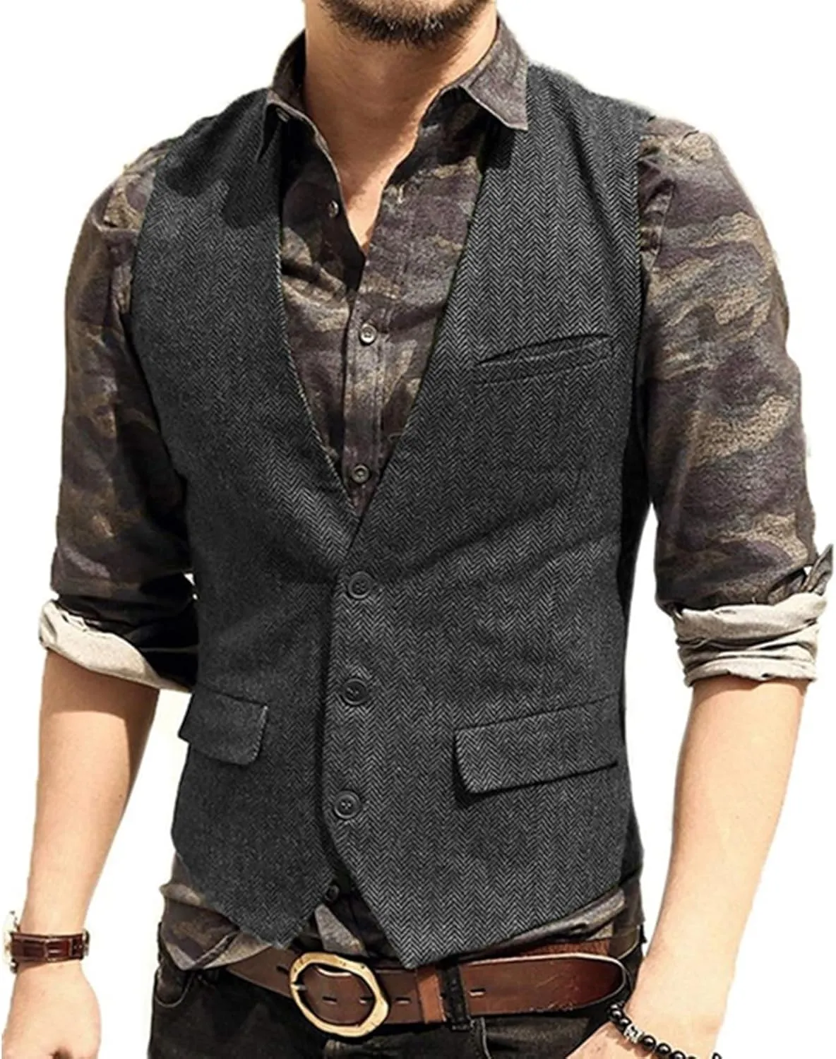 Men's Casual Plus Size Vest with 3 Pockets Wedding Herringbone Slim Fit Waistcoat Jacket Tank Top for Prom,Daily