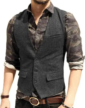 Men's Casual Plus Size Vest with 3 Pockets Wedding Herringbone Slim Fit Waistcoat Jacket Tank Top for Prom,Daily