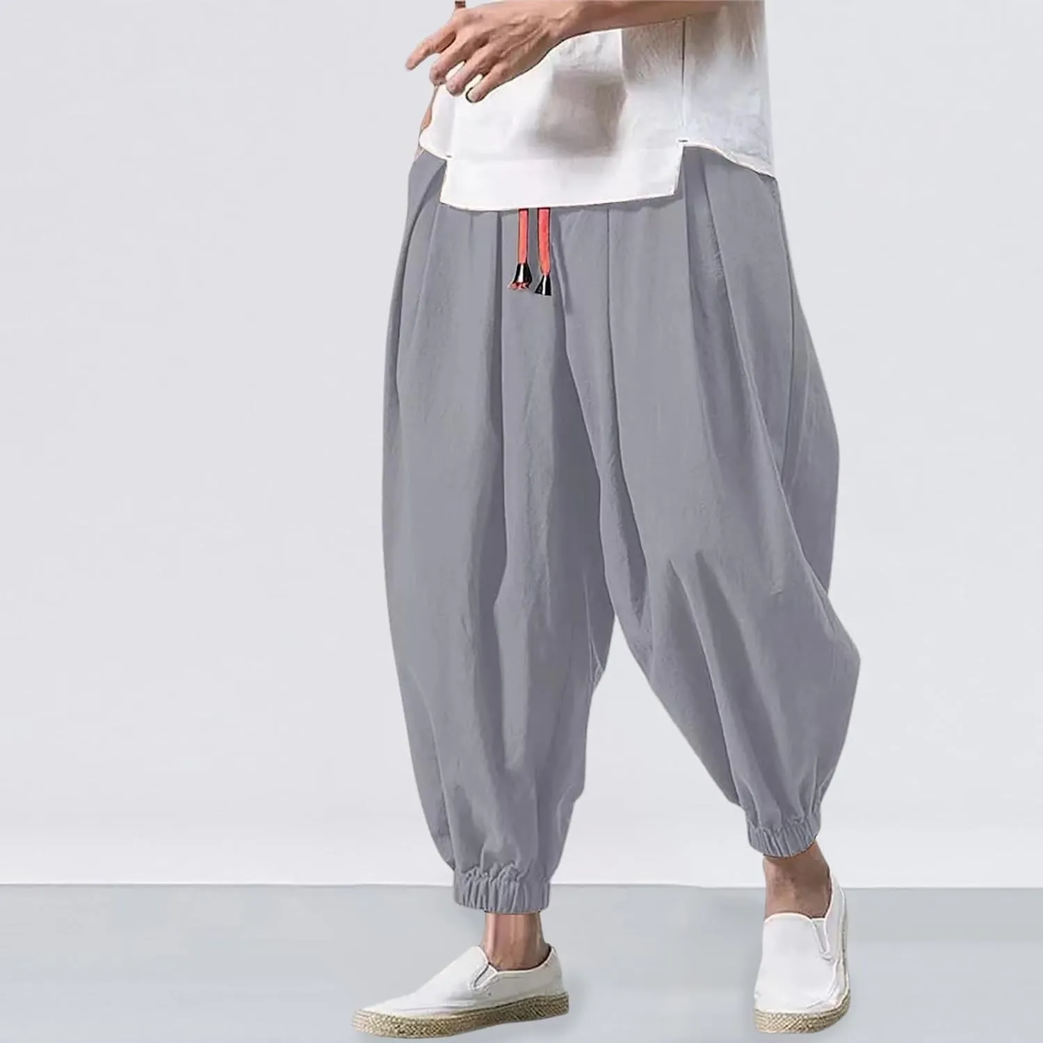Mens Hippie Harem Pants Casual Elastic Drawstring Tapered Pants 2025 Solid Color Baggy Yoga Drop Crotch Trouser