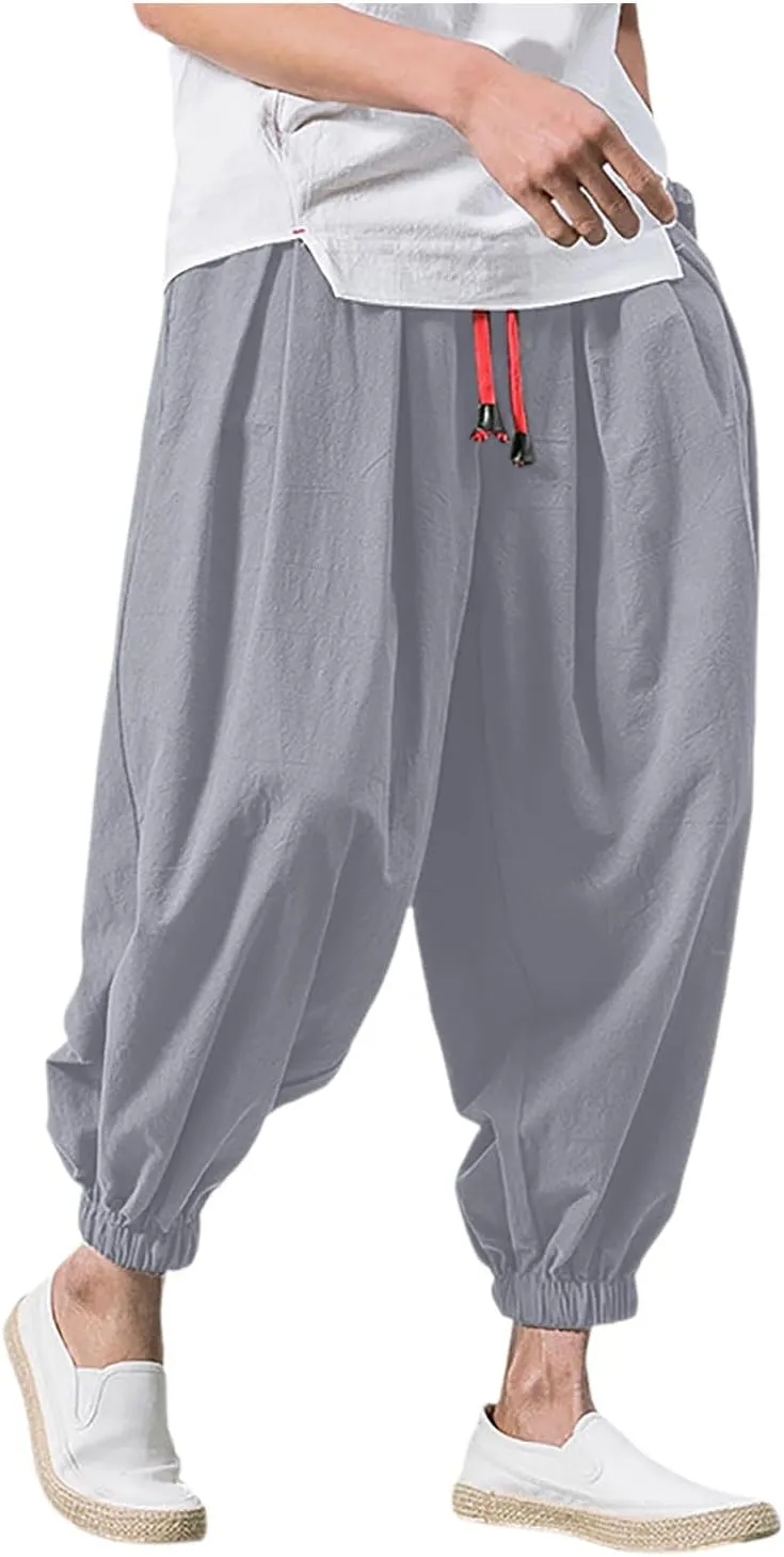 Mens Hippie Harem Pants Casual Elastic Drawstring Tapered Pants 2025 Solid Color Baggy Yoga Drop Crotch Trouser