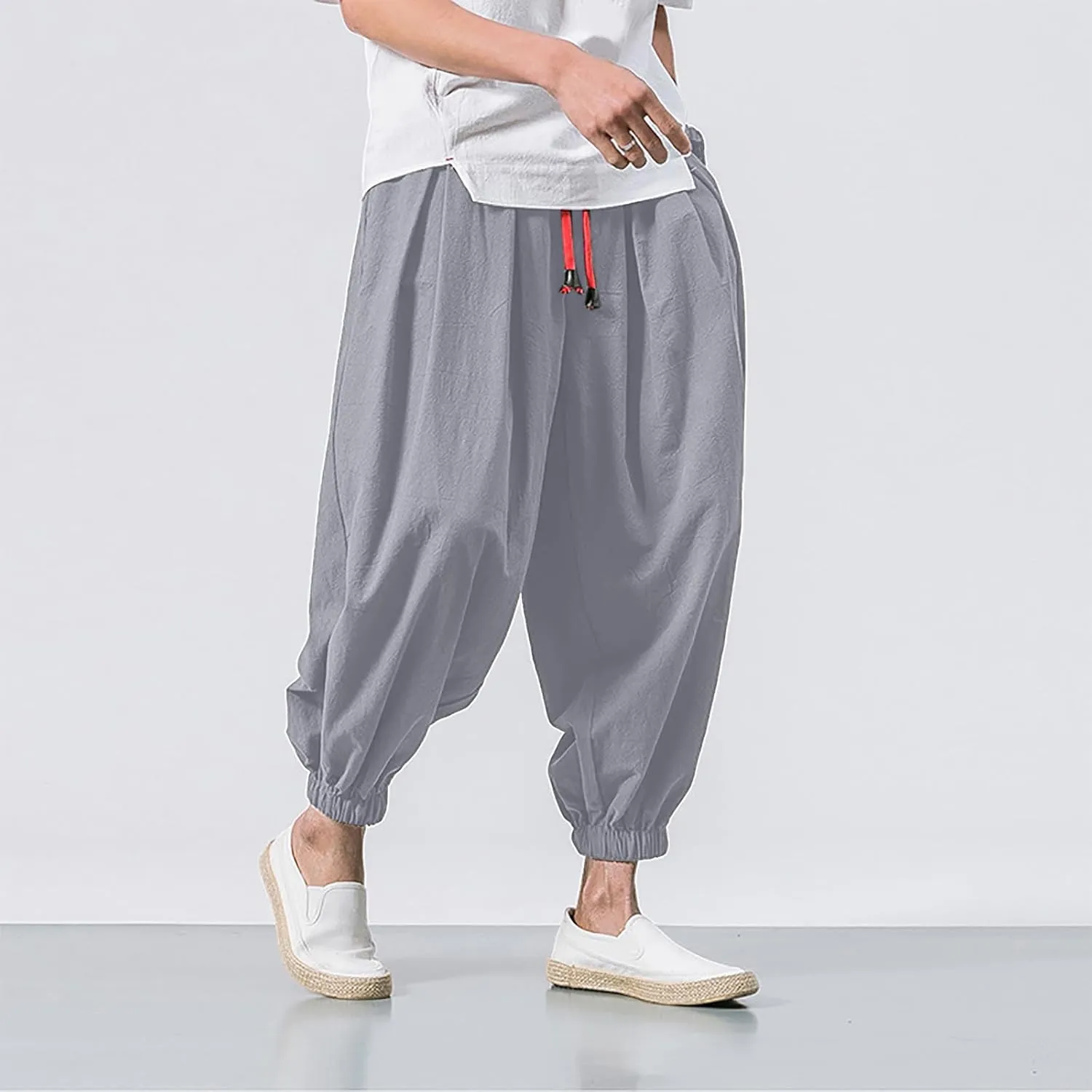 Mens Hippie Harem Pants Casual Elastic Drawstring Tapered Pants 2025 Solid Color Baggy Yoga Drop Crotch Trouser