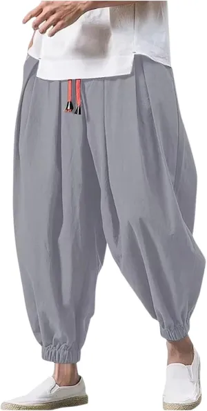 Mens Hippie Harem Pants Casual Elastic Drawstring Tapered Pants 2025 Solid Color Baggy Yoga Drop Crotch Trouser