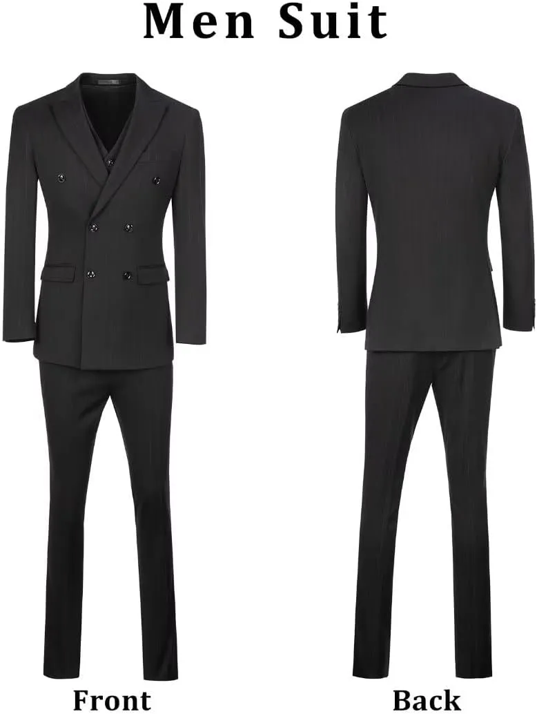 Mens Pinstripe Suits Slim Fit 3 Piece Prom Homecoming Outfit Wedding Tux for Men Suit Jacket Vest Pants Set with Tie