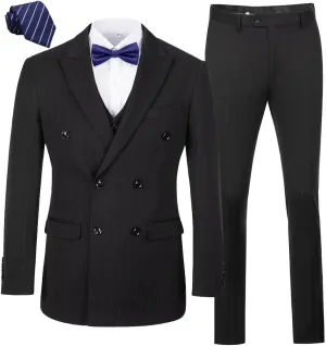 Mens Pinstripe Suits Slim Fit 3 Piece Prom Homecoming Outfit Wedding Tux for Men Suit Jacket Vest Pants Set with Tie