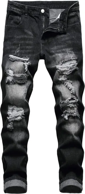 Men's Ripped Jeans,Slim Fit Distressed Straight Leg Fashion Denim Pants