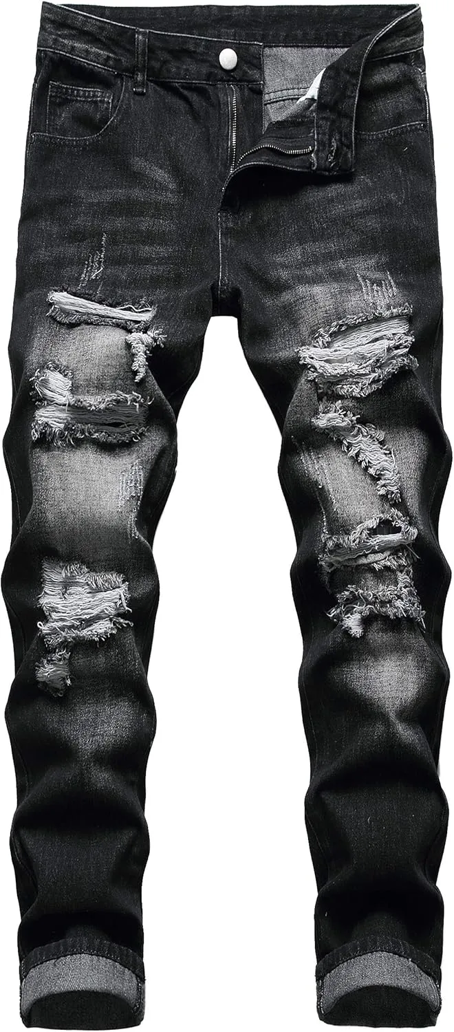Men's Ripped Jeans,Slim Fit Distressed Straight Leg Fashion Denim Pants