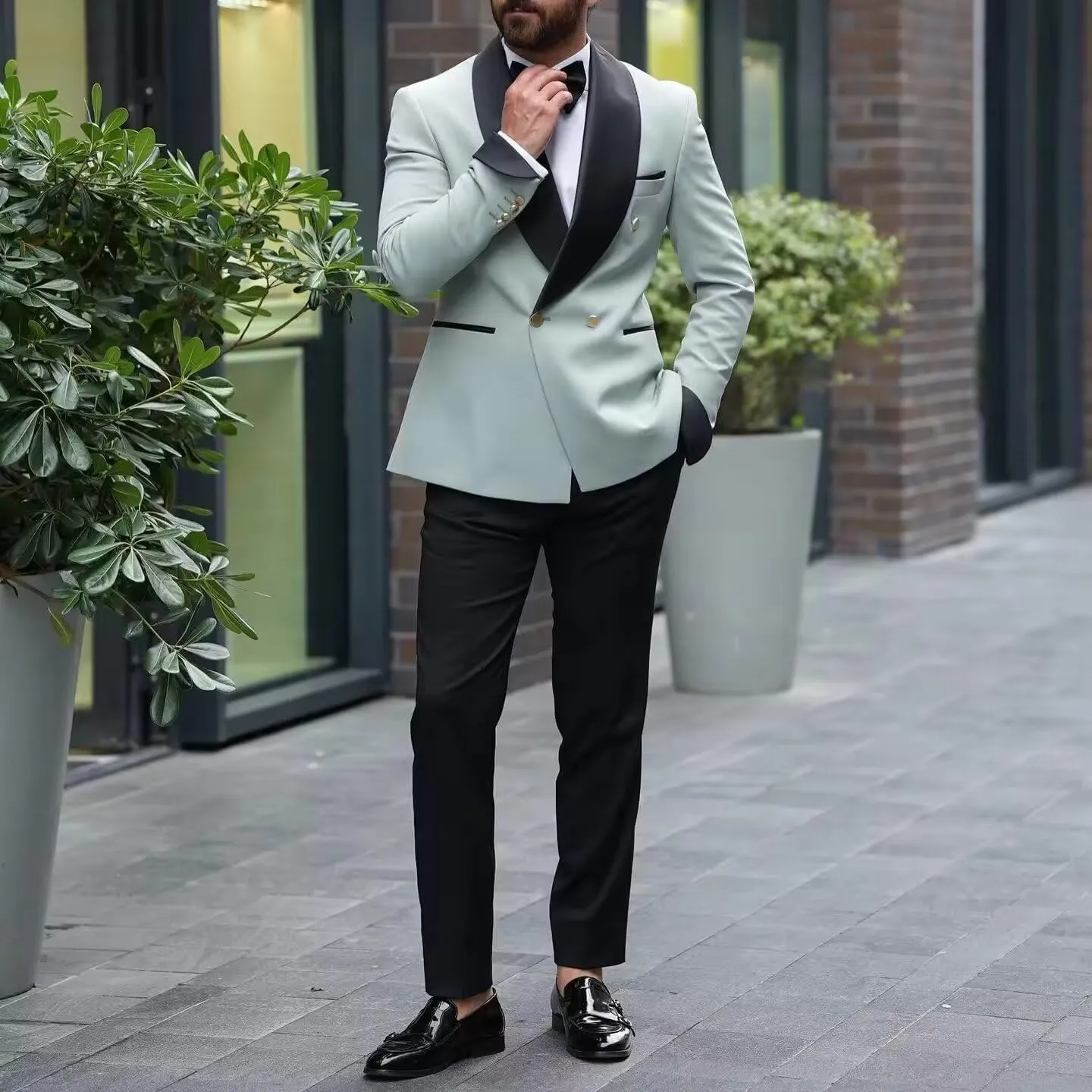 Men's Slim Fit 2 Piece Suit Set,Double Breasted Blazer Jacket Pants Tuxedo Set for Prom Wedding and Business
