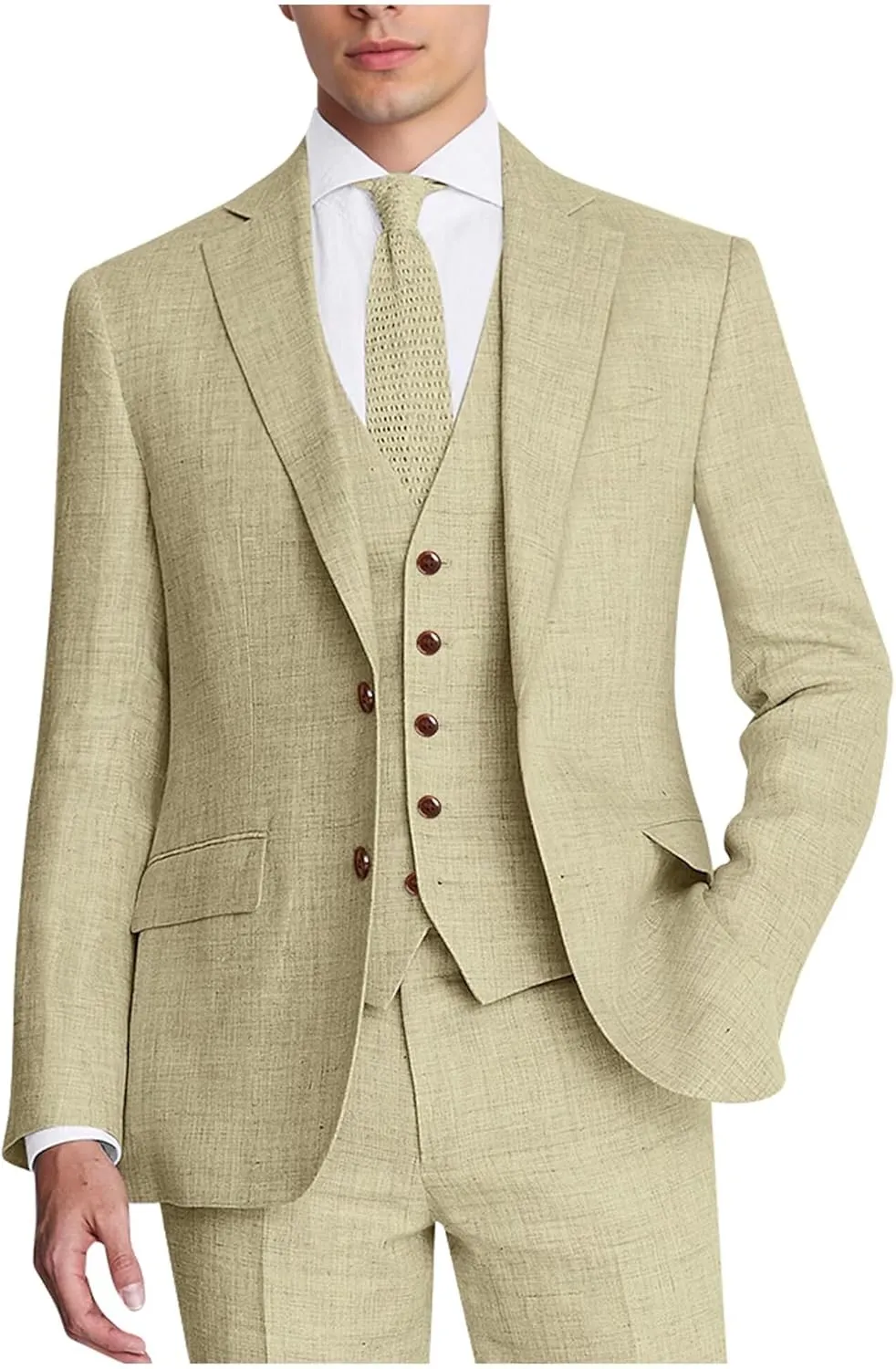 Men's Suit 3 Piece Linen Suits Slim Fit Suit Blazer Vest Pants Set Wedding Prom Tuxedos Business Casual Suit