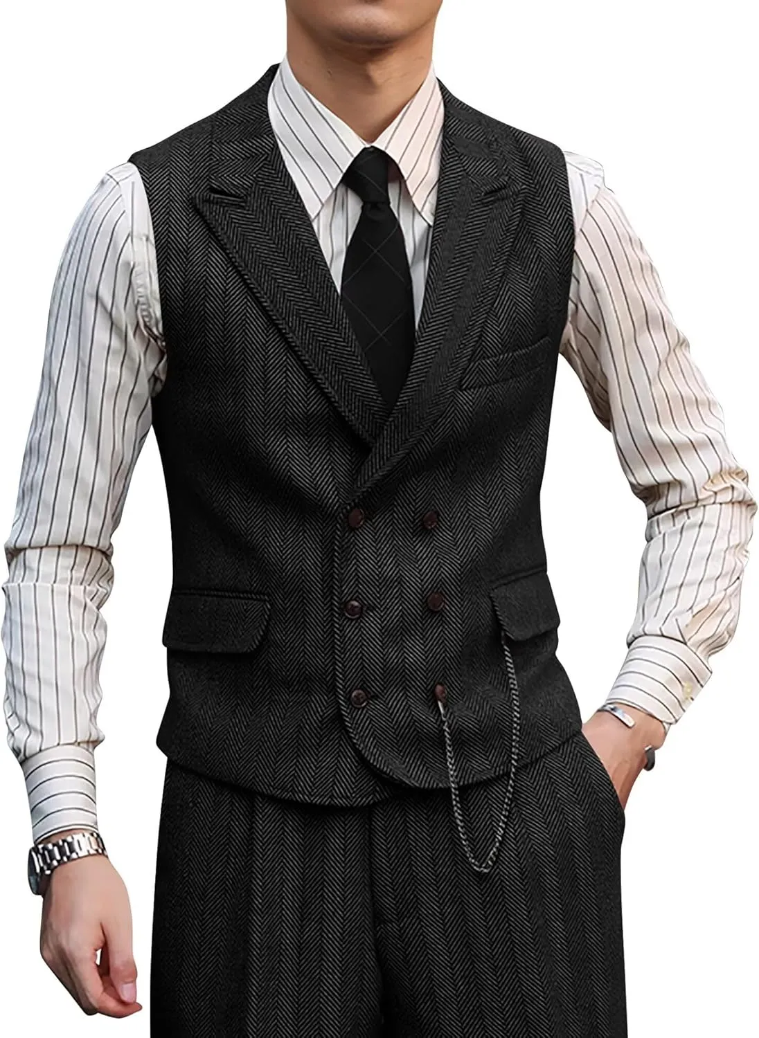 Mens Suit 3 Piece Tweed Herringbone Tuxedo Suit Wedding Suits for Mens Blazer Jacket Double Breasted Vest Pants Set