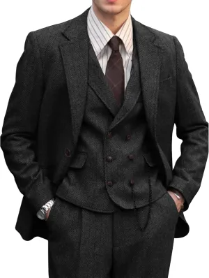 Mens Suit 3 Piece Tweed Herringbone Tuxedo Suit Wedding Suits for Mens Blazer Jacket Double Breasted Vest Pants Set