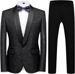 Mens Suit Slim Fit 2 Piece Formal Skinny Floral Tuxedo Suit Set Shawl Lapel for Wedding Dinner Party