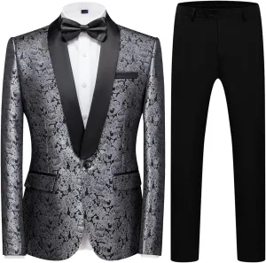 Mens Suit Slim Fit 2 Piece Formal Skinny Floral Tuxedo Suit Set Shawl Lapel for Wedding Dinner Party