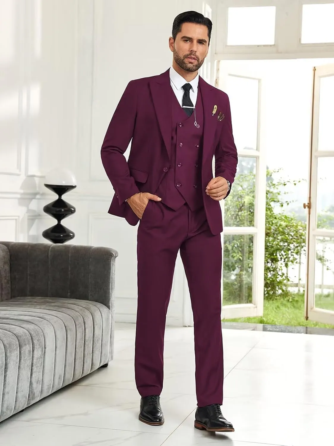 Mens Suit Slim Fit 3 Piece Double Breasted Suit Men Formal Tuxedo Set Casual Wedding Prom Groom Suits