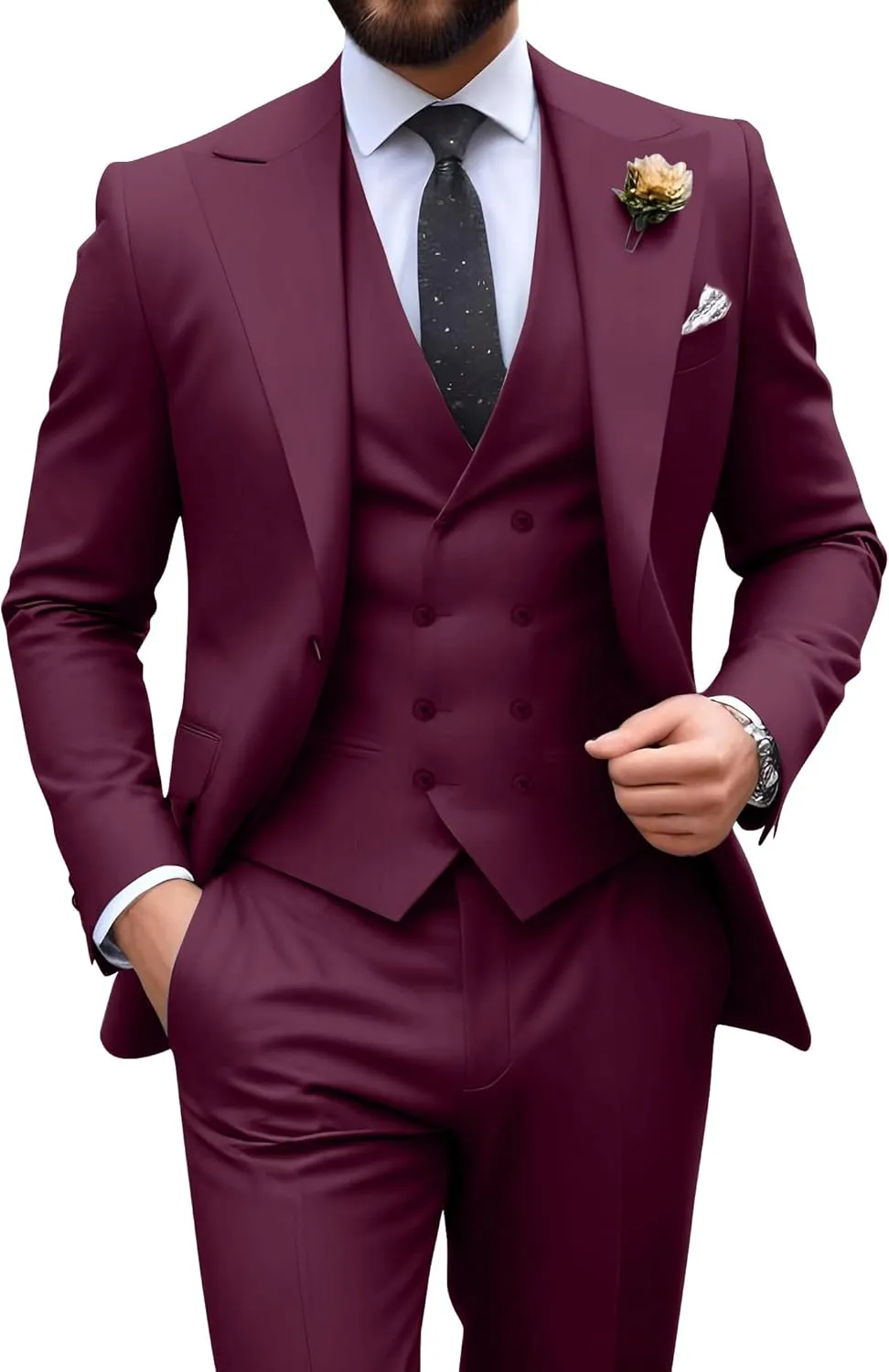 Mens Suit Slim Fit 3 Piece Double Breasted Suit Men Formal Tuxedo Set Casual Wedding Prom Groom Suits
