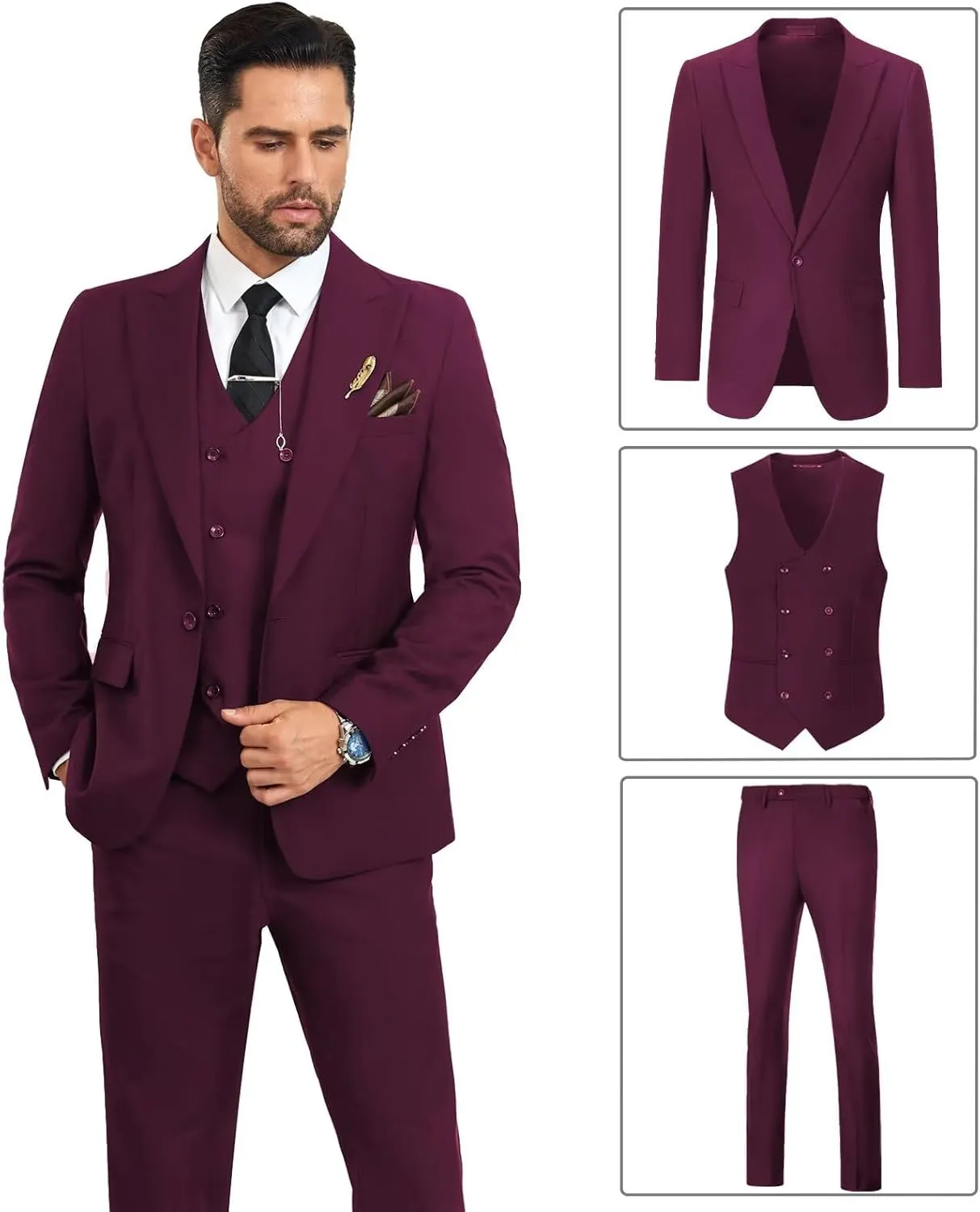 Mens Suit Slim Fit 3 Piece Double Breasted Suit Men Formal Tuxedo Set Casual Wedding Prom Groom Suits