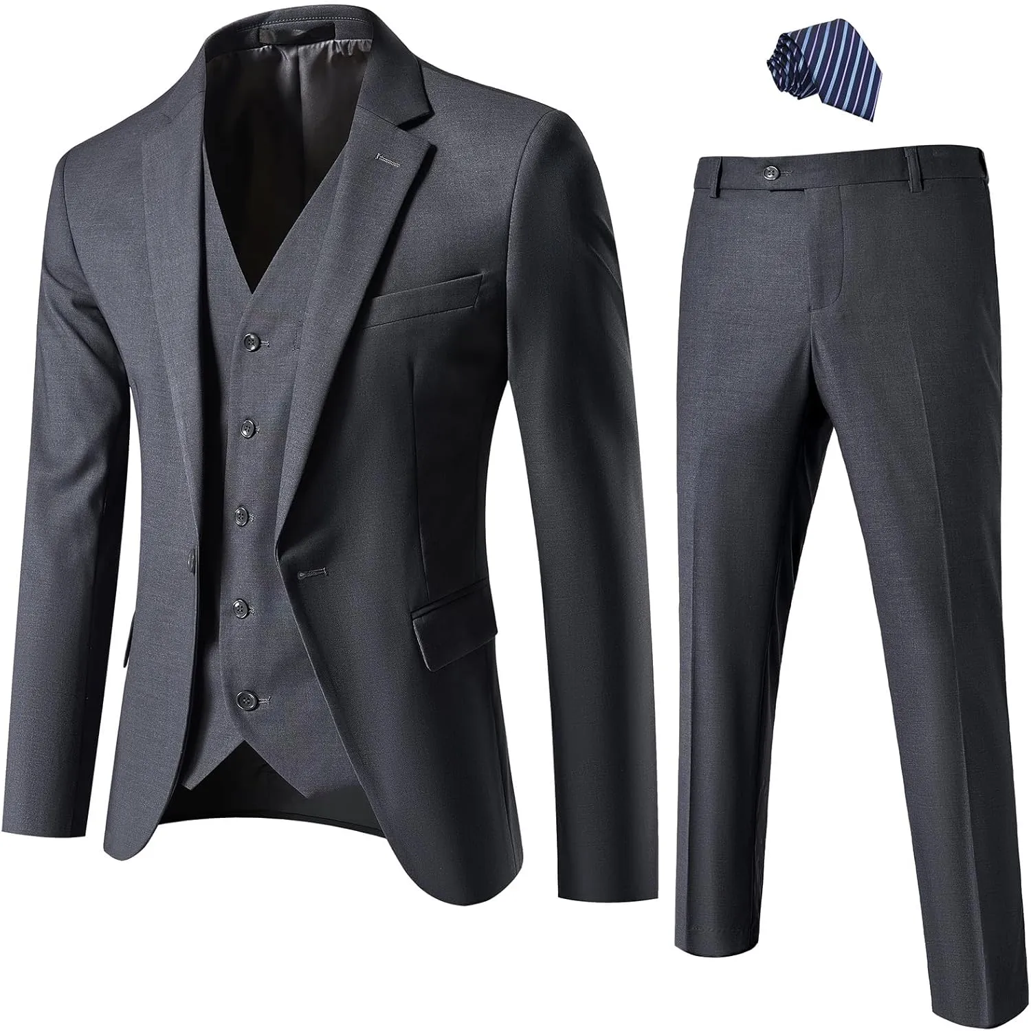 Mens Suit Slim Fit, 3 Piece Suit for Men, One Button Solid Jacket Vest Pants with Tie, Tuxedo Set
